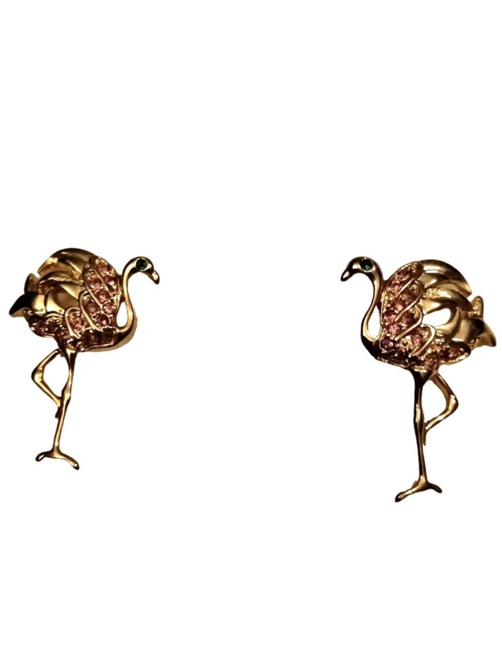 Gold Pink Flamingo Rhinestone Earrings Tropical Statement Coastal Tiki